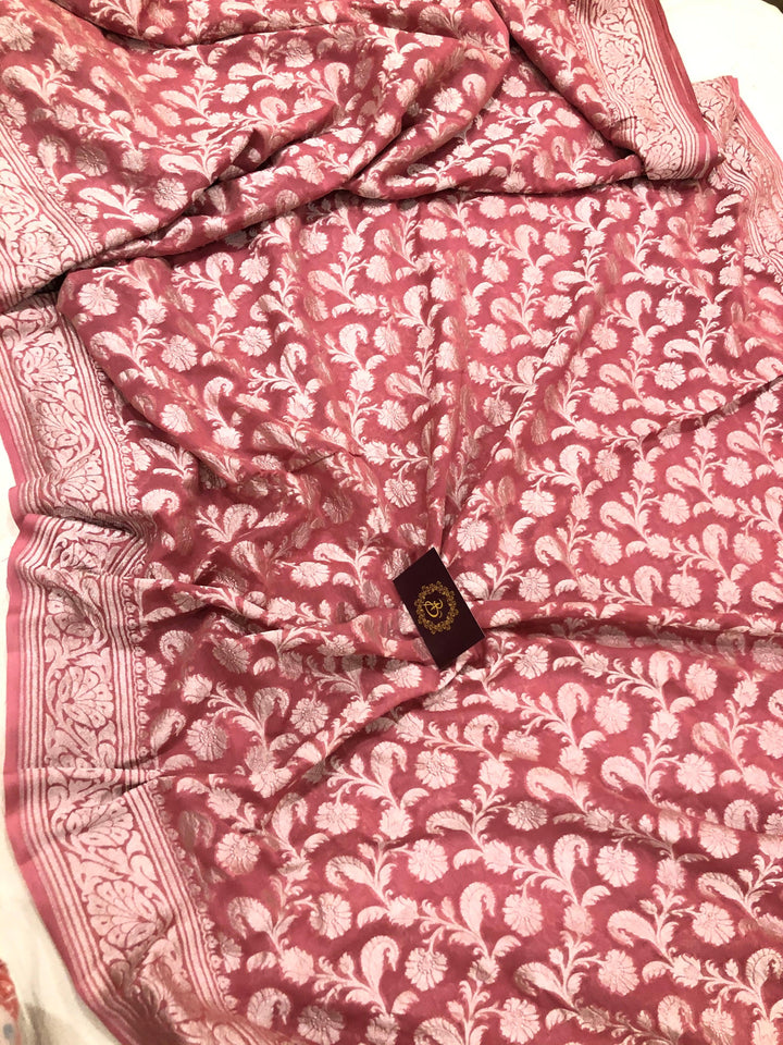 Onion shade Khaddi Georgette Silk Banarasi Handloom Saree