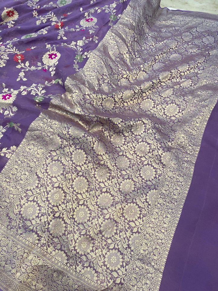 Lavender Banarasi Khaddi Georgette Saree - Aura Benaras