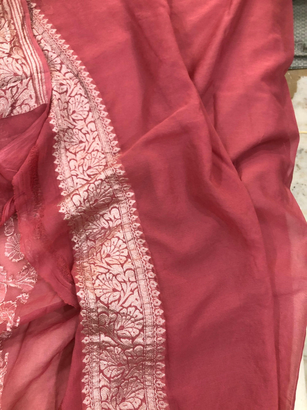 Onion shade Khaddi Georgette Silk Banarasi Handloom Saree