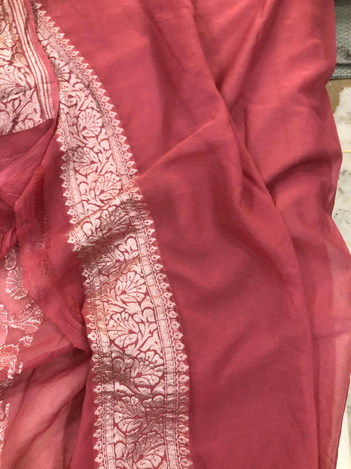 Onion shade Khaddi Georgette Silk Banarasi Handloom Saree