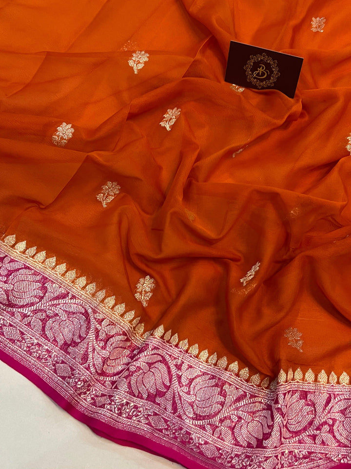 Orange Khaddi Chiffon Banarasi Handloom Saree - Aura Benaras