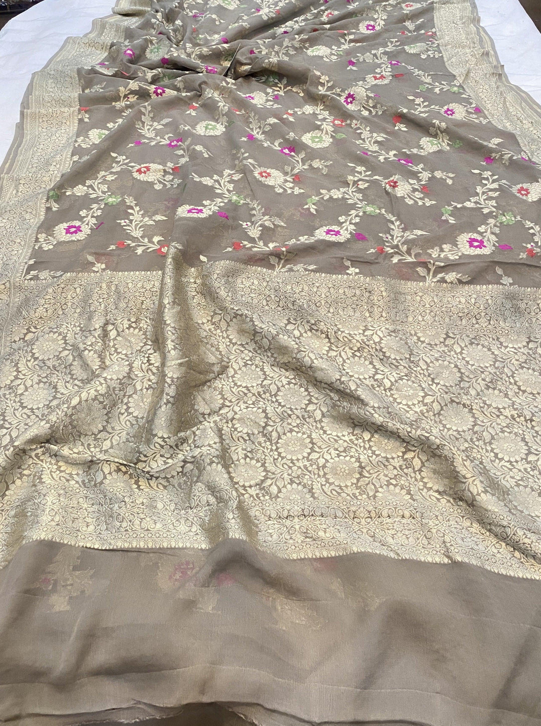 Light Grey Banarasi Khaddi Georgette Saree - Aura Benaras