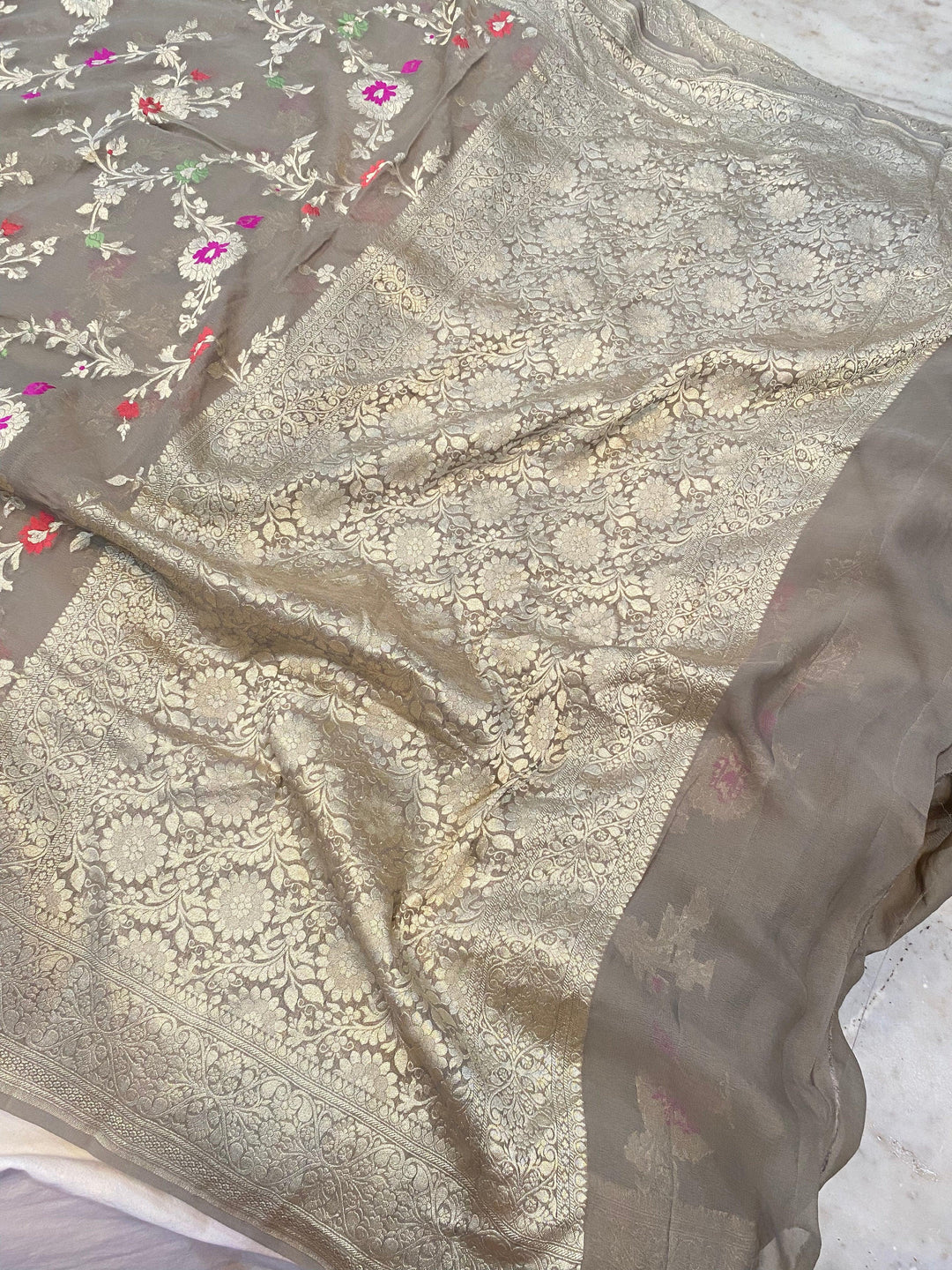 Light Grey Banarasi Khaddi Georgette Saree - Aura Benaras