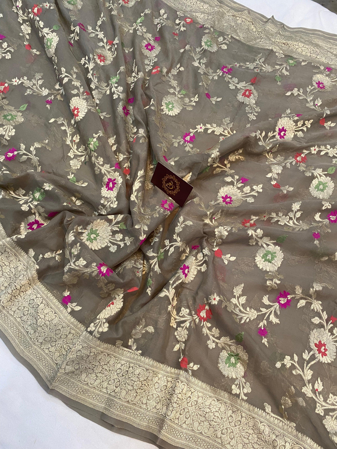 Light Grey Banarasi Khaddi Georgette Saree - Aura Benaras