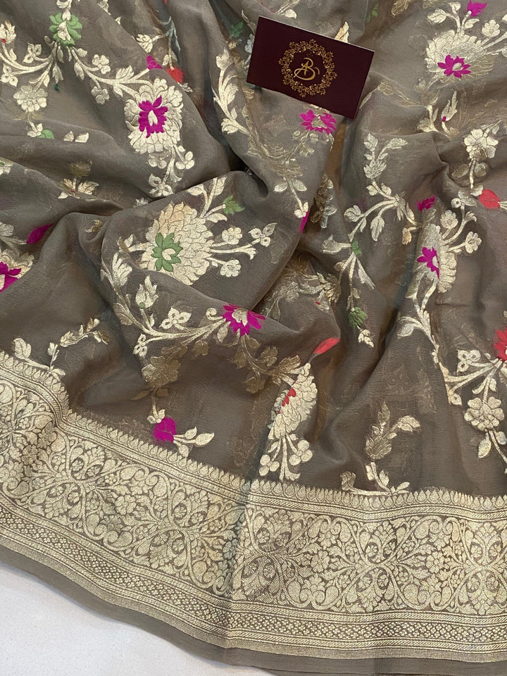 Light Grey Banarasi Khaddi Georgette Saree - Aura Benaras