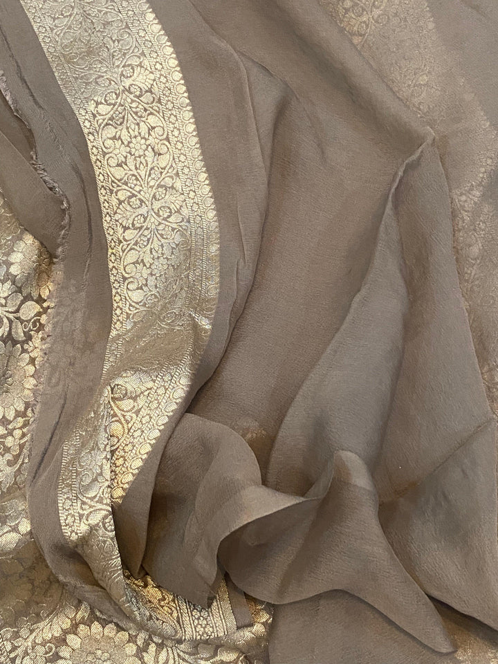 Light Grey Banarasi Khaddi Georgette Saree - Aura Benaras