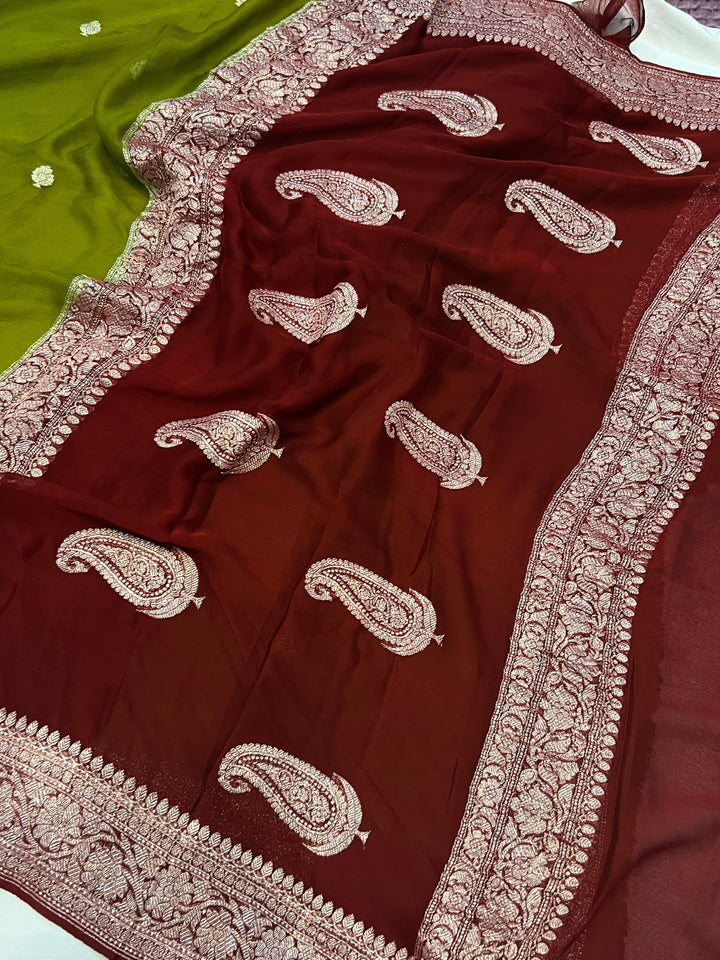 Mehendi Green Khaddi Chiffon Banarasi Handloom Saree - Aura Benaras