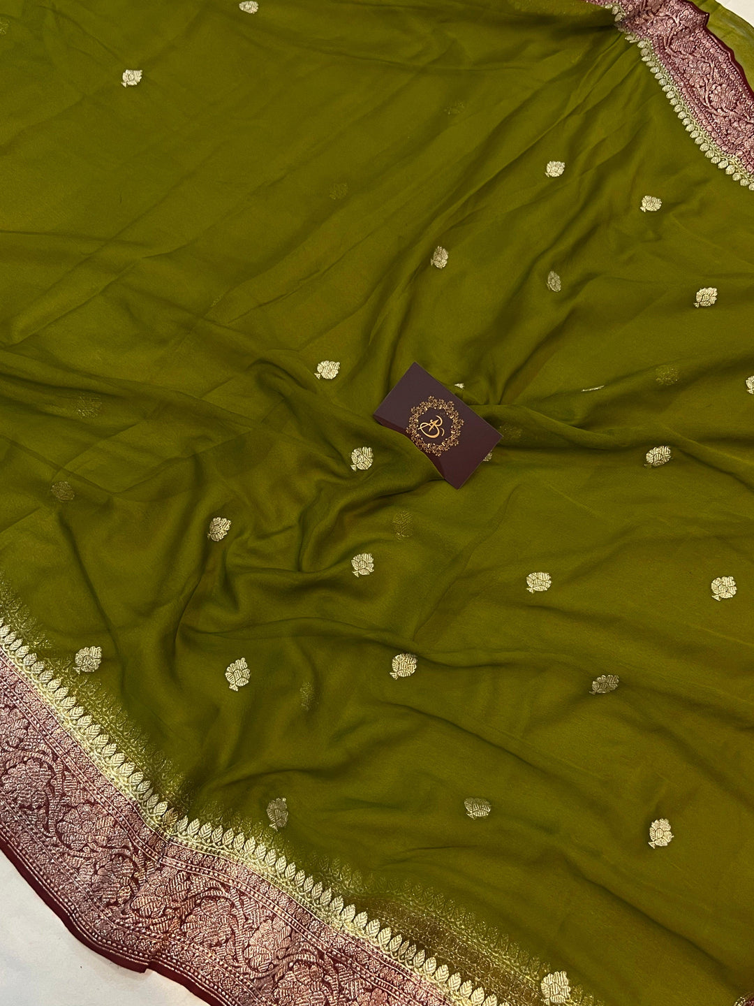 Mehendi Green Khaddi Chiffon Banarasi Handloom Saree - Aura Benaras