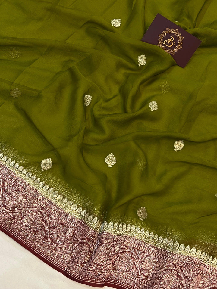Mehendi Green Khaddi Chiffon Banarasi Handloom Saree - Aura Benaras