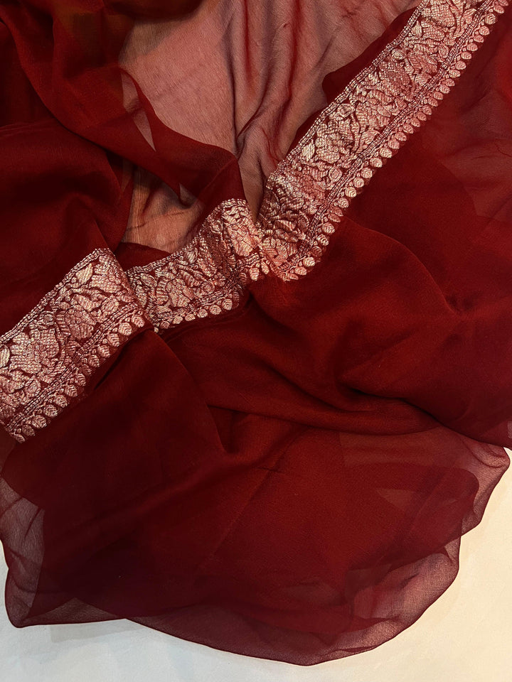 Mehendi Green Khaddi Chiffon Banarasi Handloom Saree - Aura Benaras