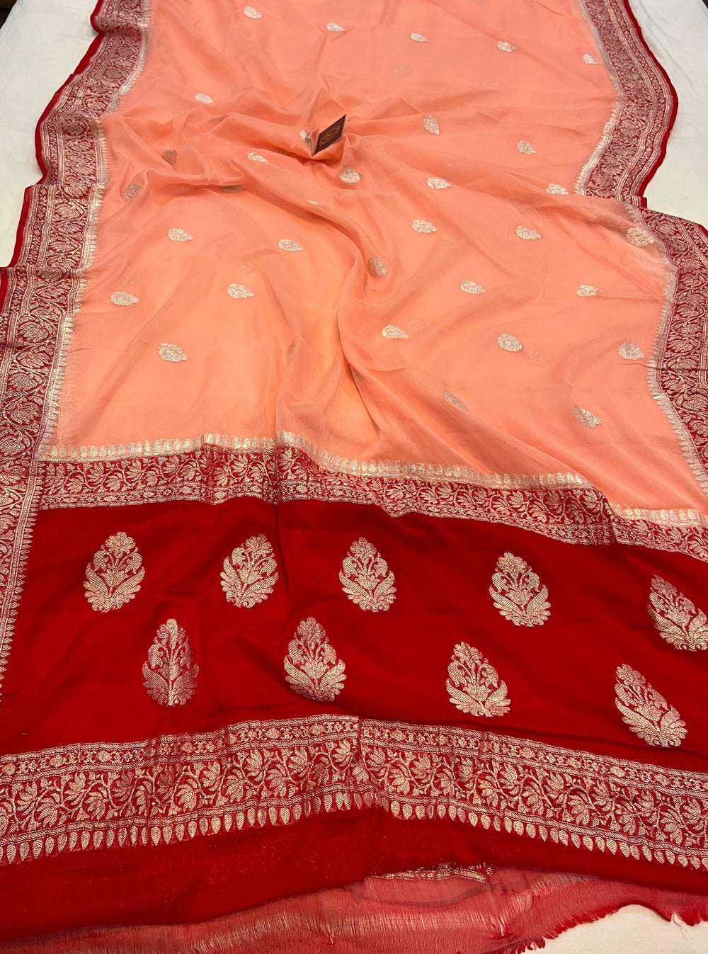 Peach Khaddi Chiffon Banarasi Handloom Saree - Aura Benaras