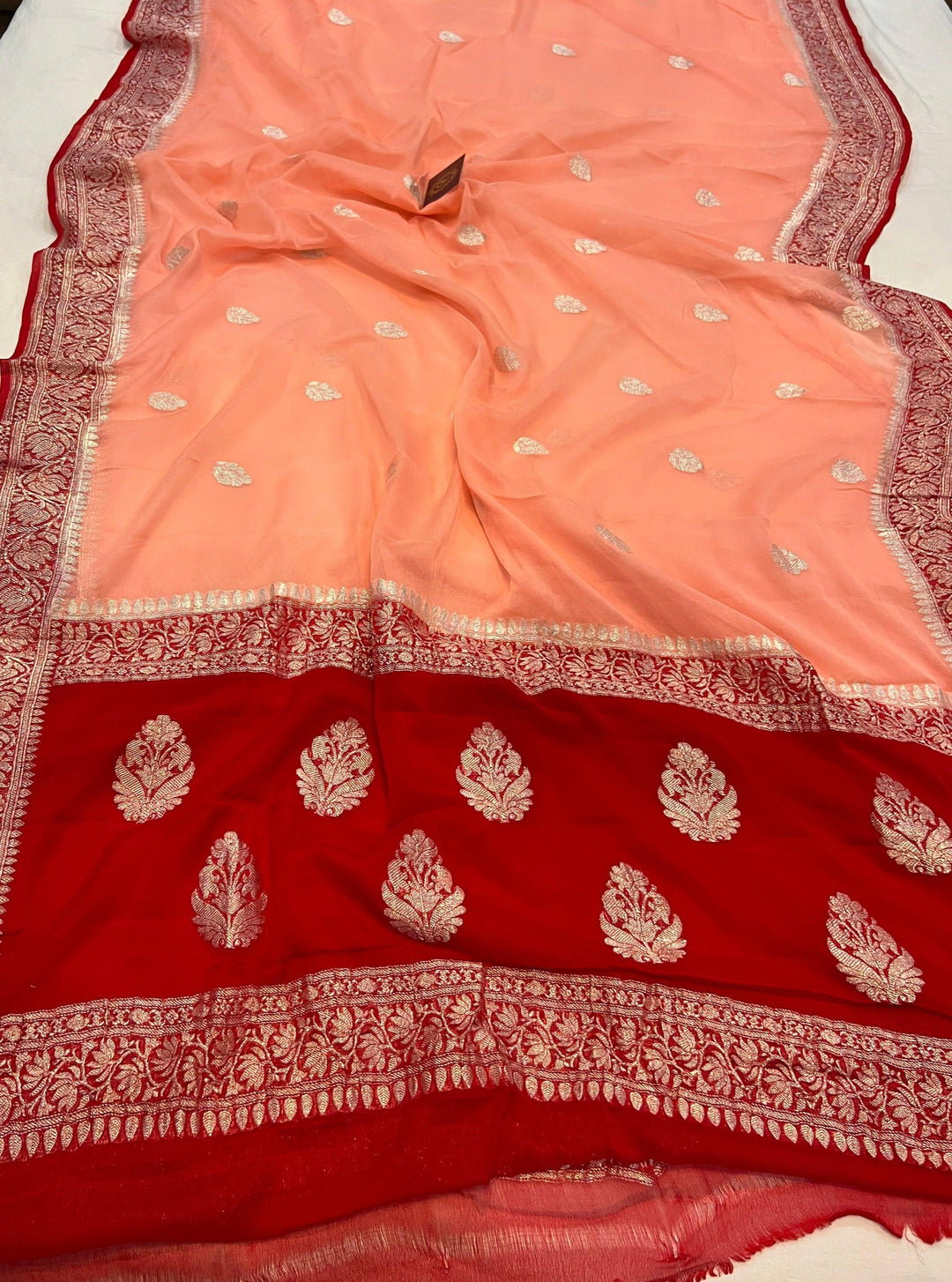 Peach Khaddi Chiffon Banarasi Handloom Saree - Aura Benaras