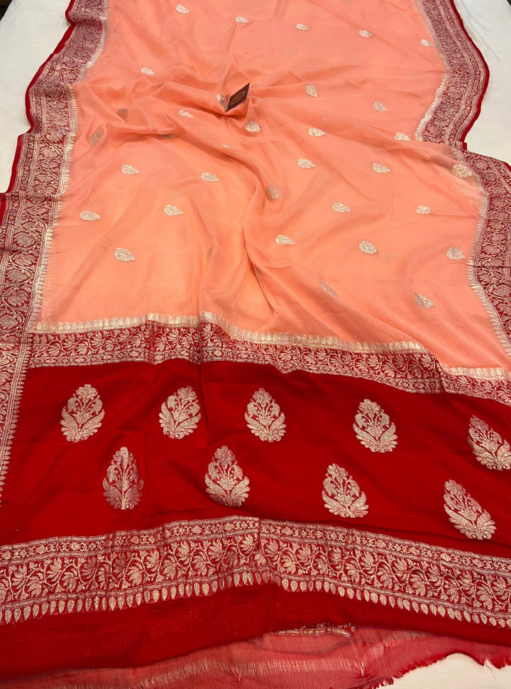 Peach Khaddi Chiffon Banarasi Handloom Saree - Aura Benaras