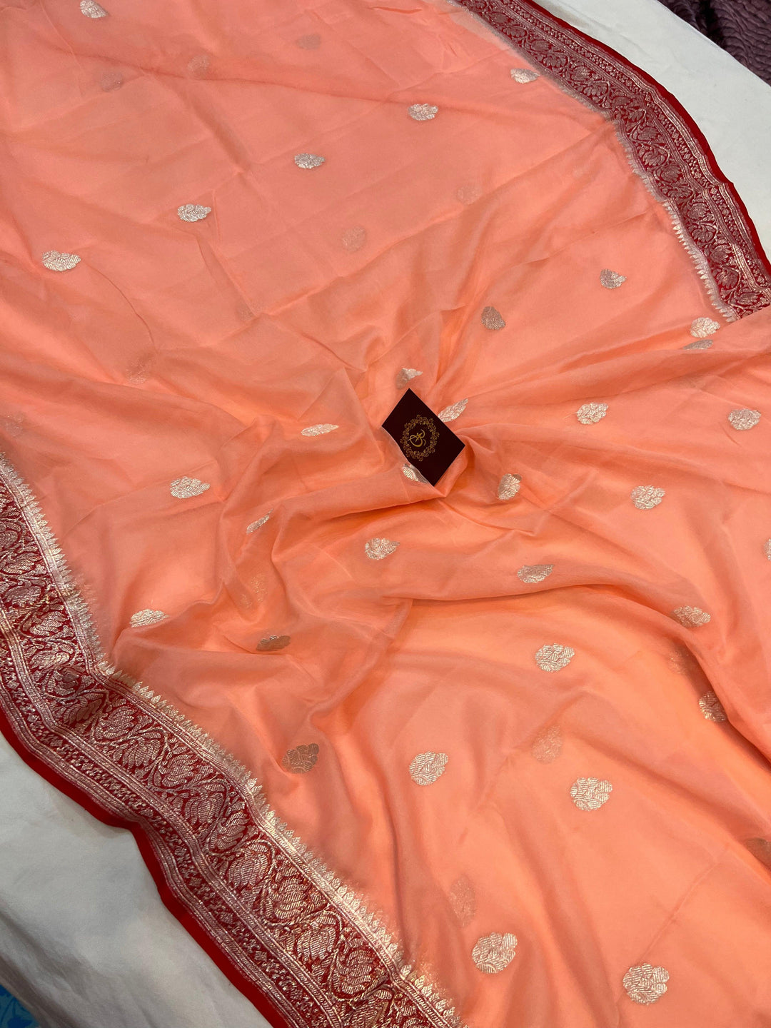 Peach Khaddi Chiffon Banarasi Handloom Saree - Aura Benaras