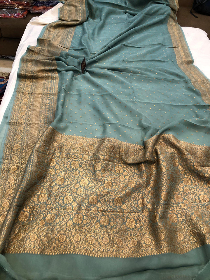 Greyish Green Handloom Pure Georgette Silk Saree - Aura Benaras