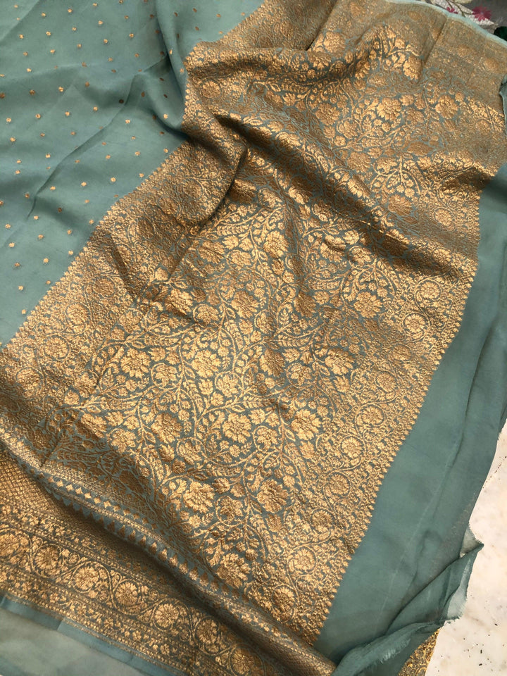 Greyish Green Handloom Pure Georgette Silk Saree - Aura Benaras