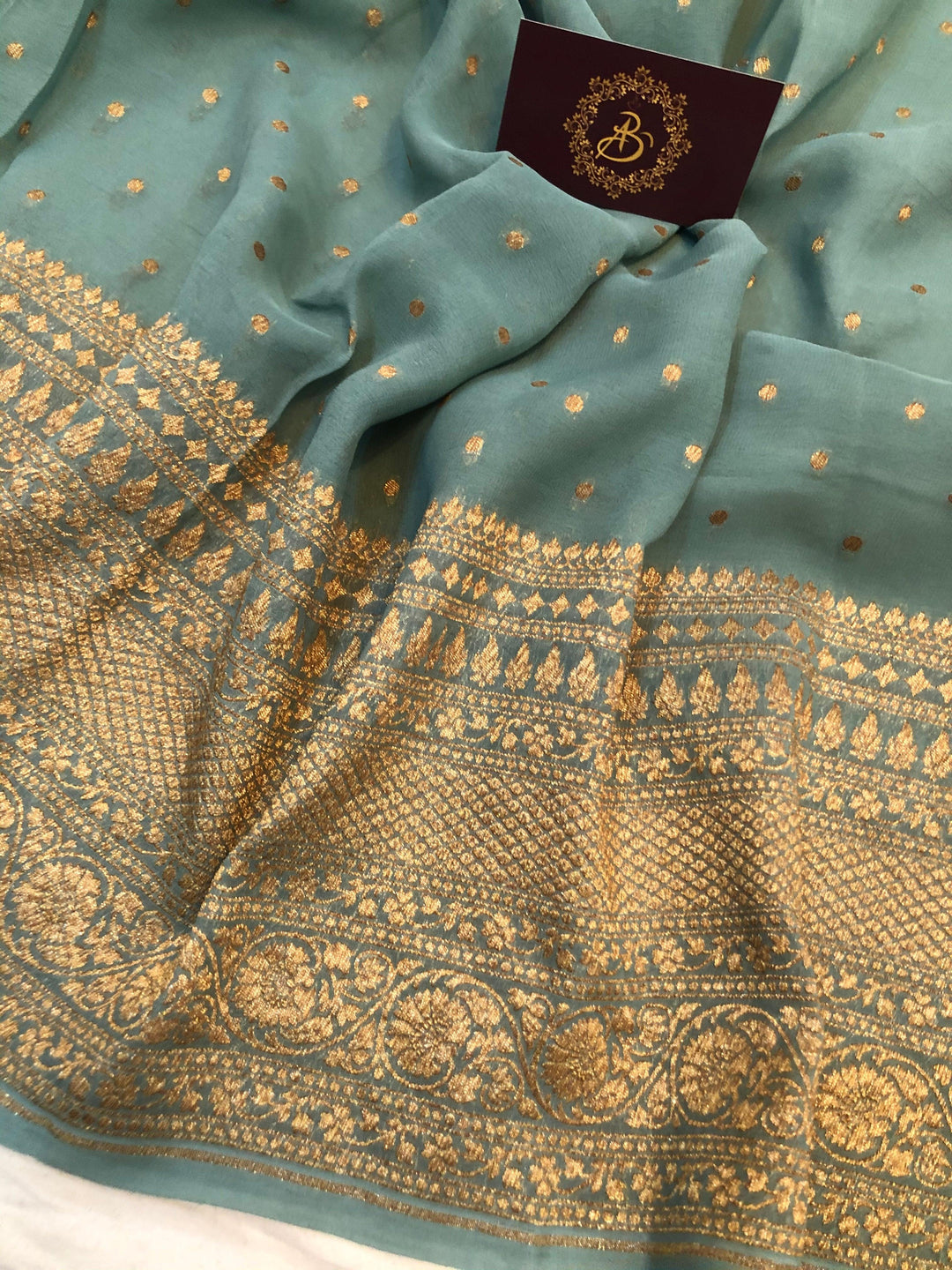 Greyish Green Handloom Pure Georgette Silk Saree - Aura Benaras
