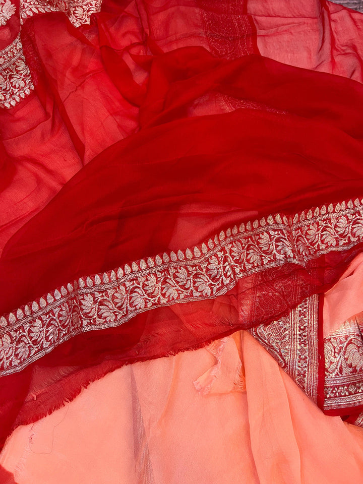 Peach Khaddi Chiffon Banarasi Handloom Saree - Aura Benaras