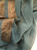 Greyish Green Handloom Pure Georgette Silk Saree - Aura Benaras
