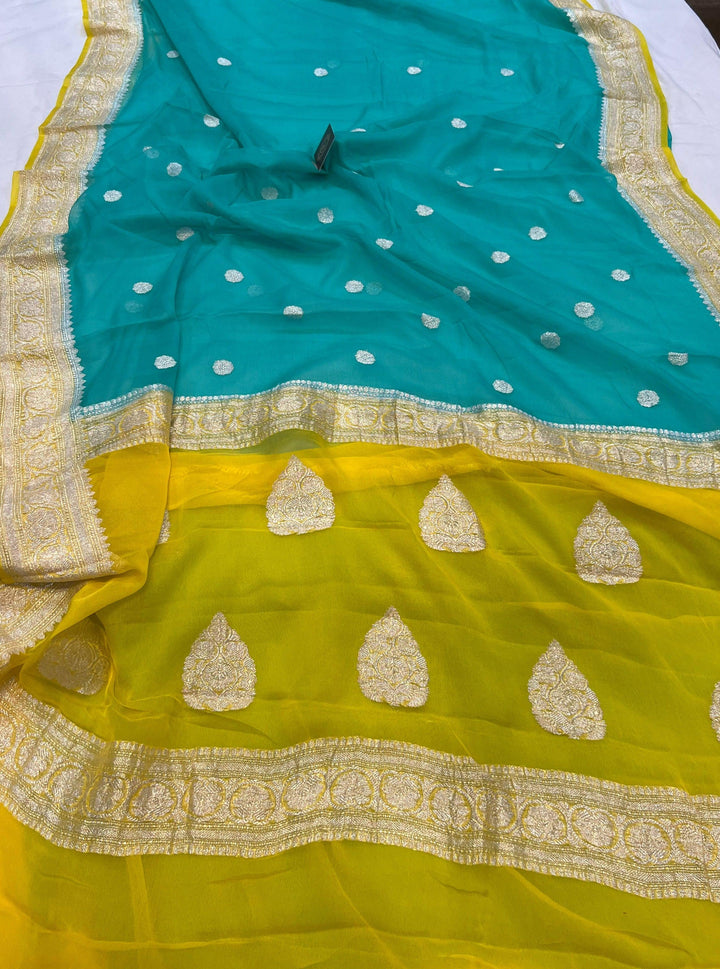 Sea Green Khaddi Chiffon Banarasi Handloom Saree - Aura Benaras