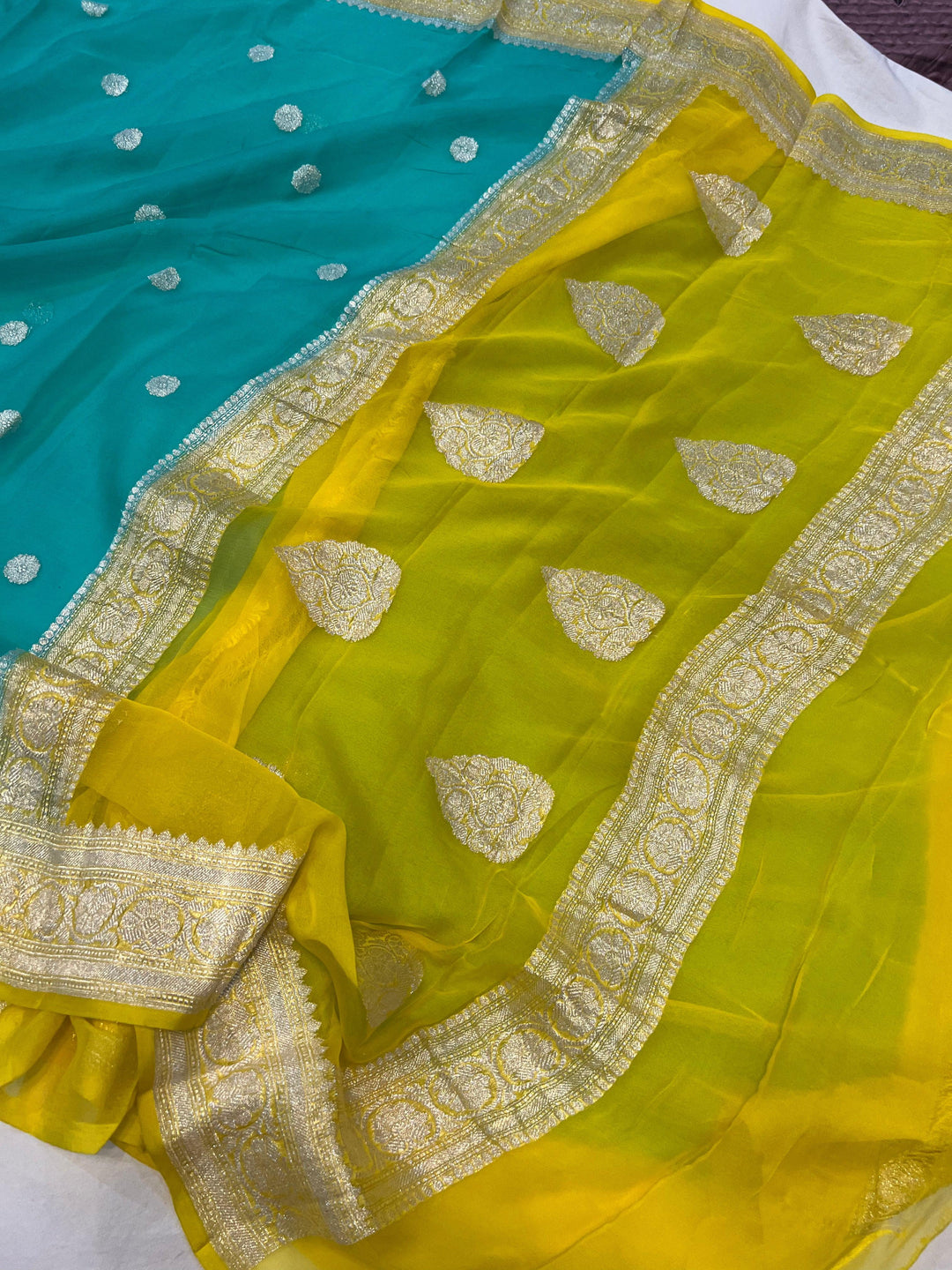 Sea Green Khaddi Chiffon Banarasi Handloom Saree - Aura Benaras