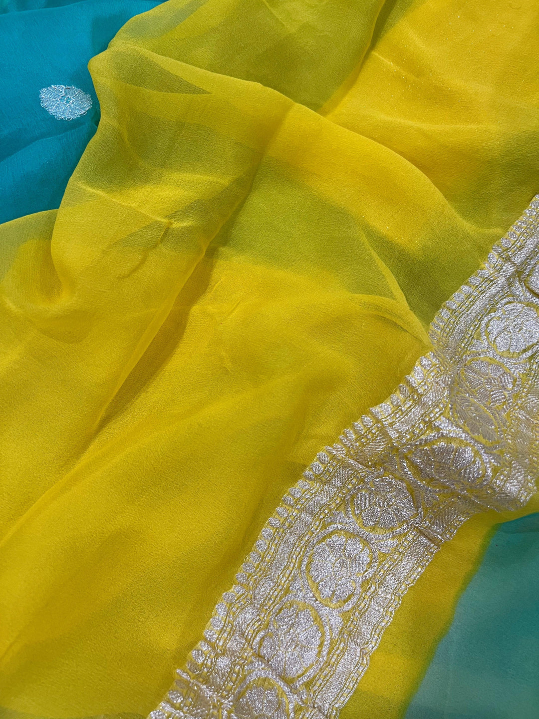 Sea Green Khaddi Chiffon Banarasi Handloom Saree - Aura Benaras