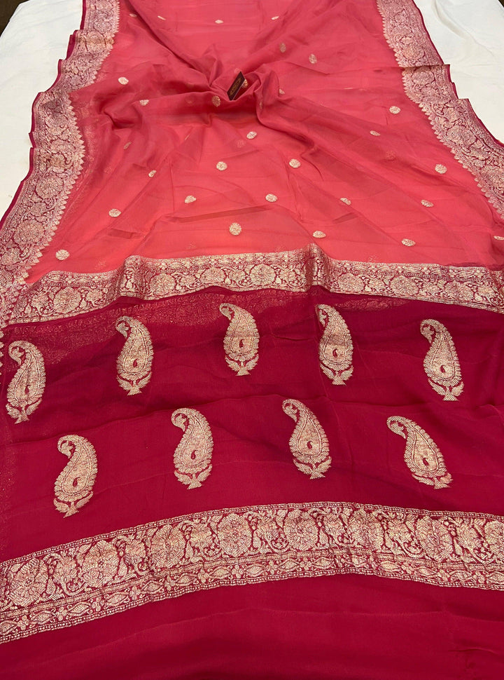 Onion shade Khaddi Chiffon Banarasi Handloom Saree - Aura Benaras