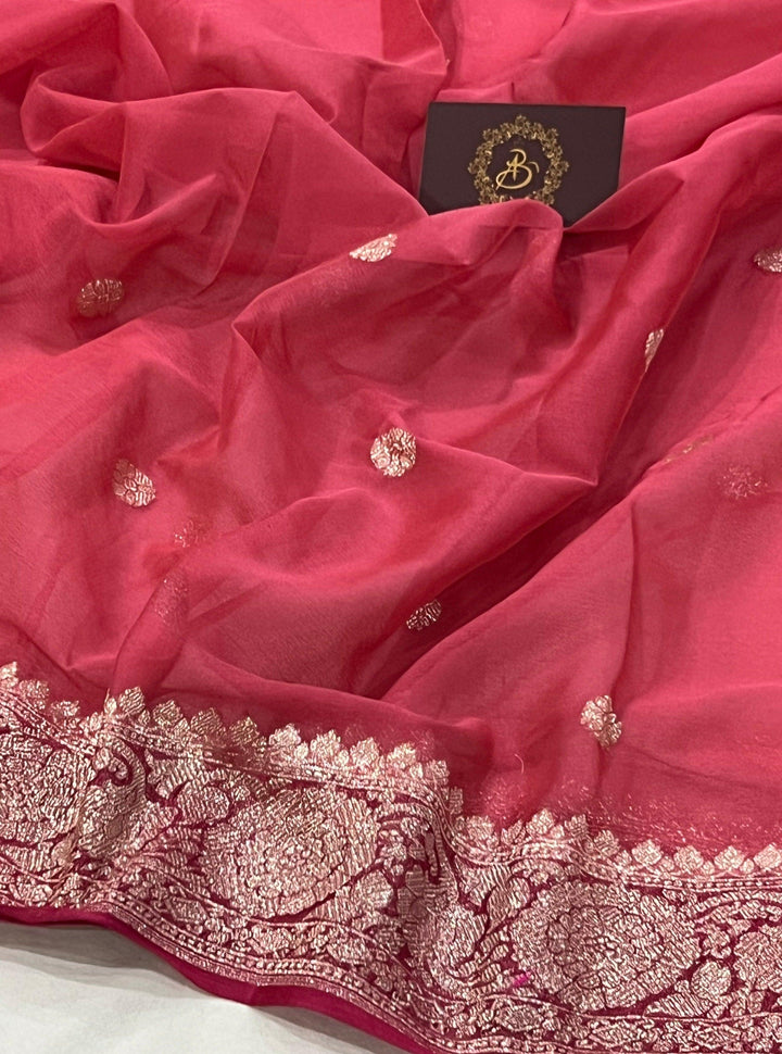 Onion shade Khaddi Chiffon Banarasi Handloom Saree - Aura Benaras