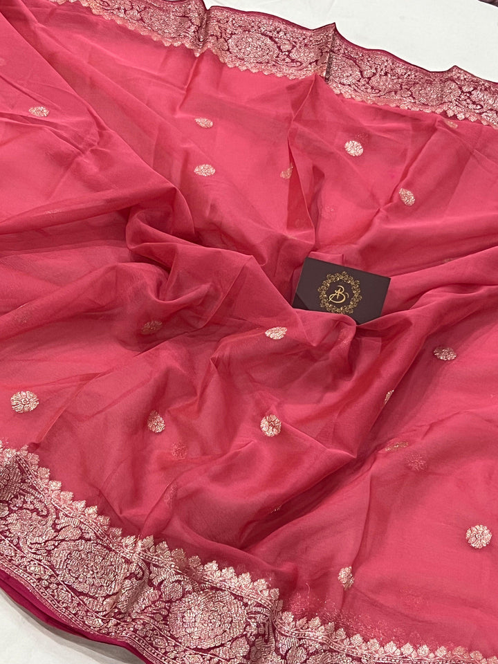 Onion shade Khaddi Chiffon Banarasi Handloom Saree - Aura Benaras