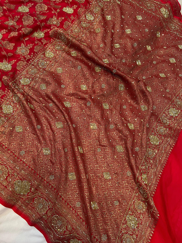 Red Zardozi Handloom Pure Georgette Silk Saree - Aura Benaras