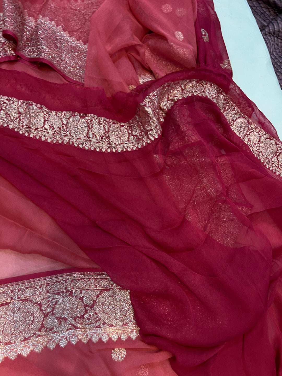 Onion shade Khaddi Chiffon Banarasi Handloom Saree - Aura Benaras