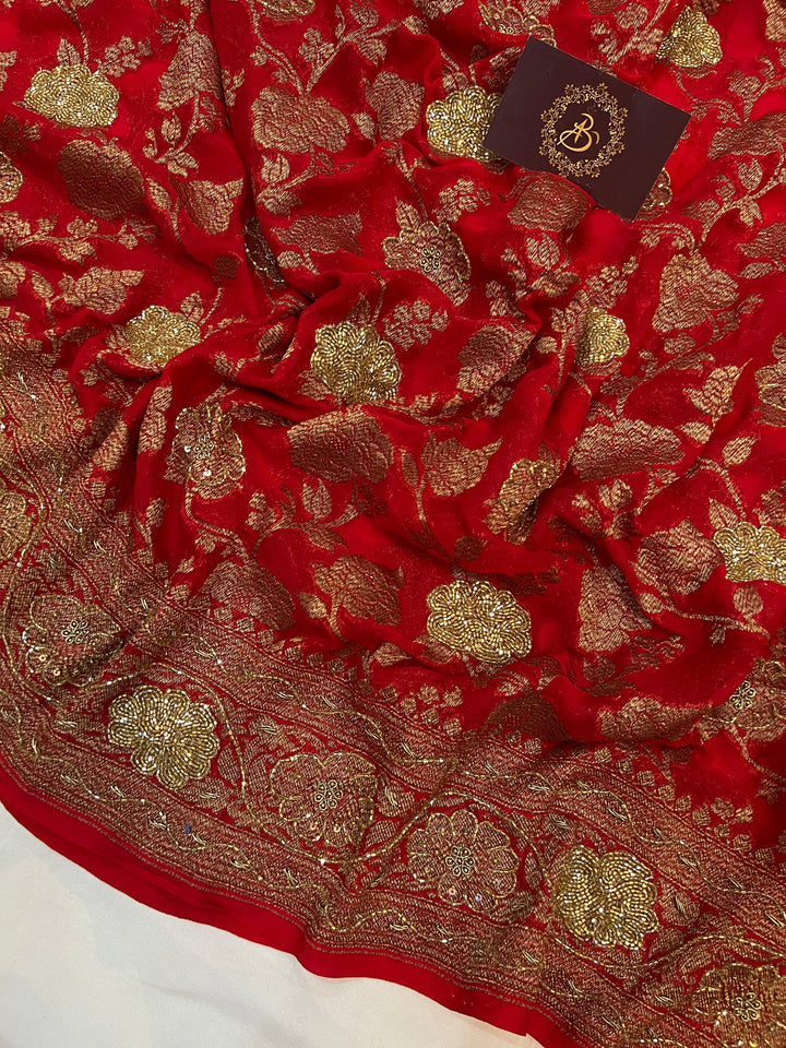 Red Zardozi Handloom Pure Georgette Silk Saree - Aura Benaras