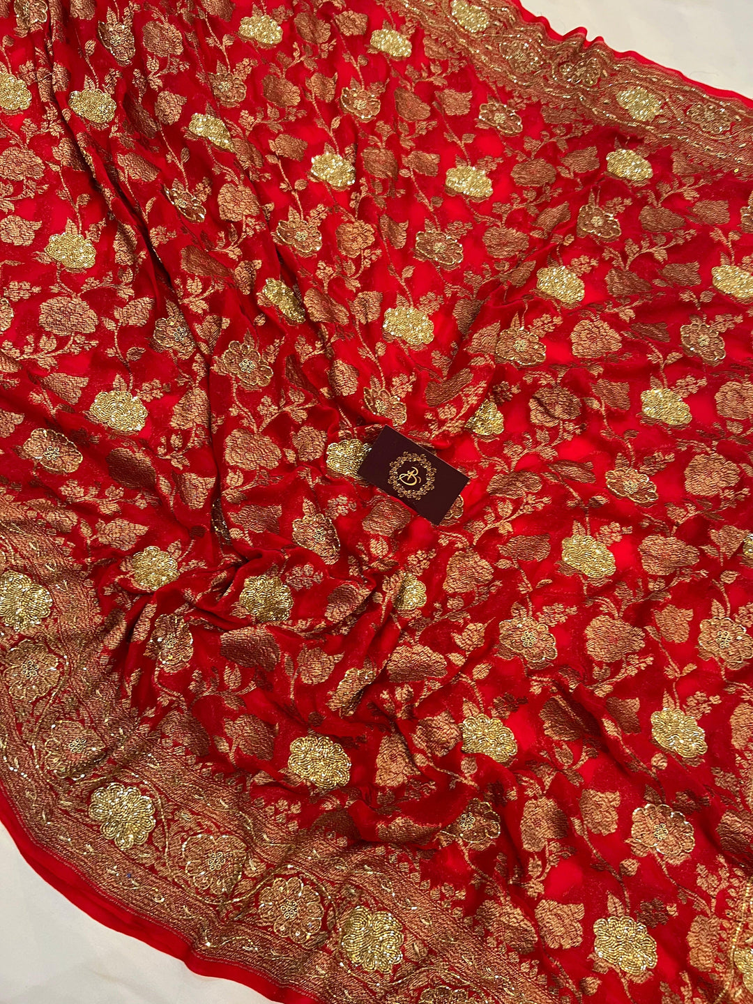 Red Zardozi Handloom Pure Georgette Silk Saree - Aura Benaras