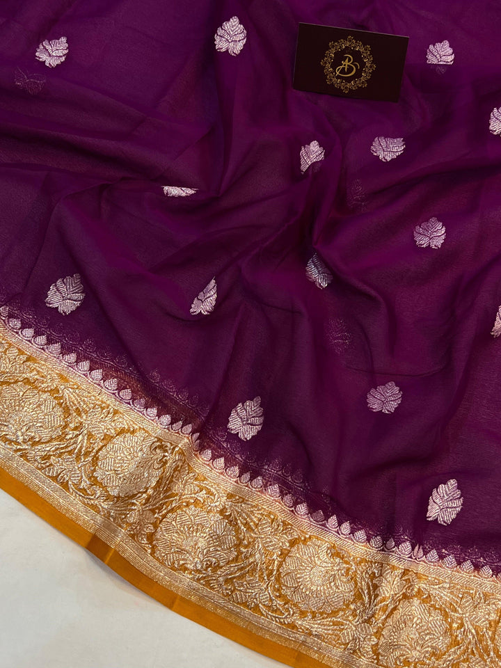 Wine Pure Banarasi Khaddi Chiffon Saree - Aura Benaras