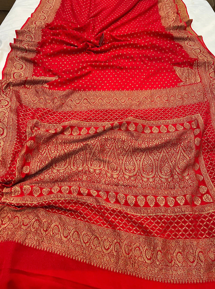 Red Pure Banarasi Khaddi Georgette Saree - Aura Benaras