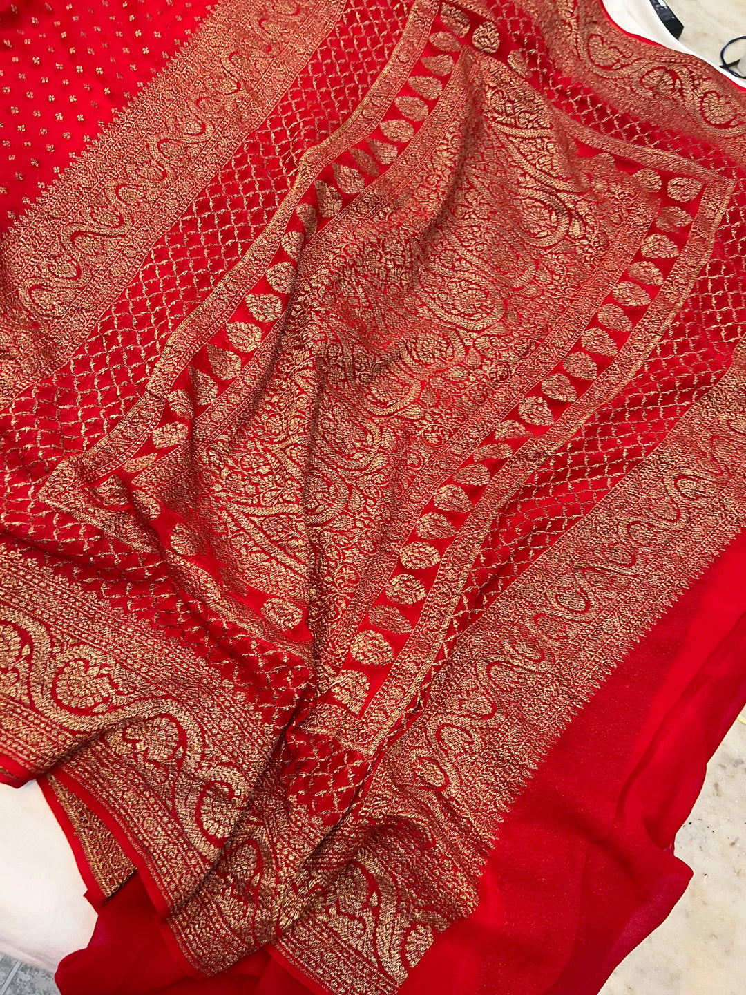 Red Pure Banarasi Khaddi Georgette Saree - Aura Benaras