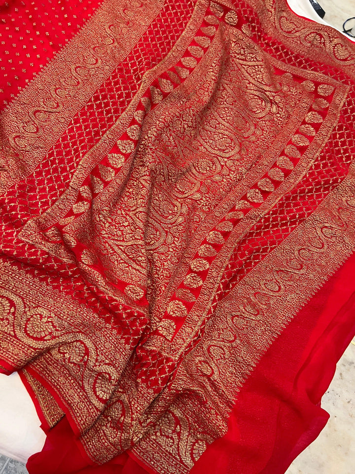 Red Pure Banarasi Khaddi Georgette Saree - Aura Benaras