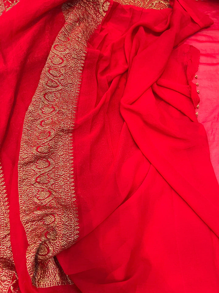 Red Pure Banarasi Khaddi Georgette Saree - Aura Benaras