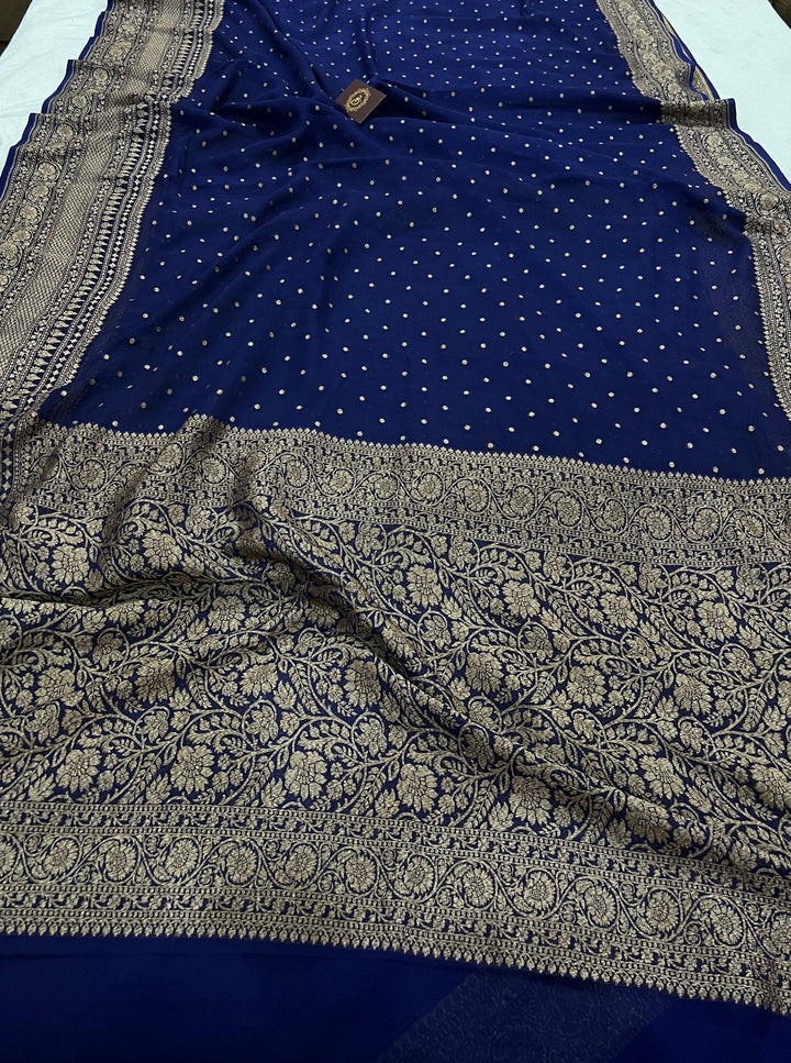 Navy Blue Banarasi Handloom Pure Khaddi Georgette Silk Saree - Aura Benaras