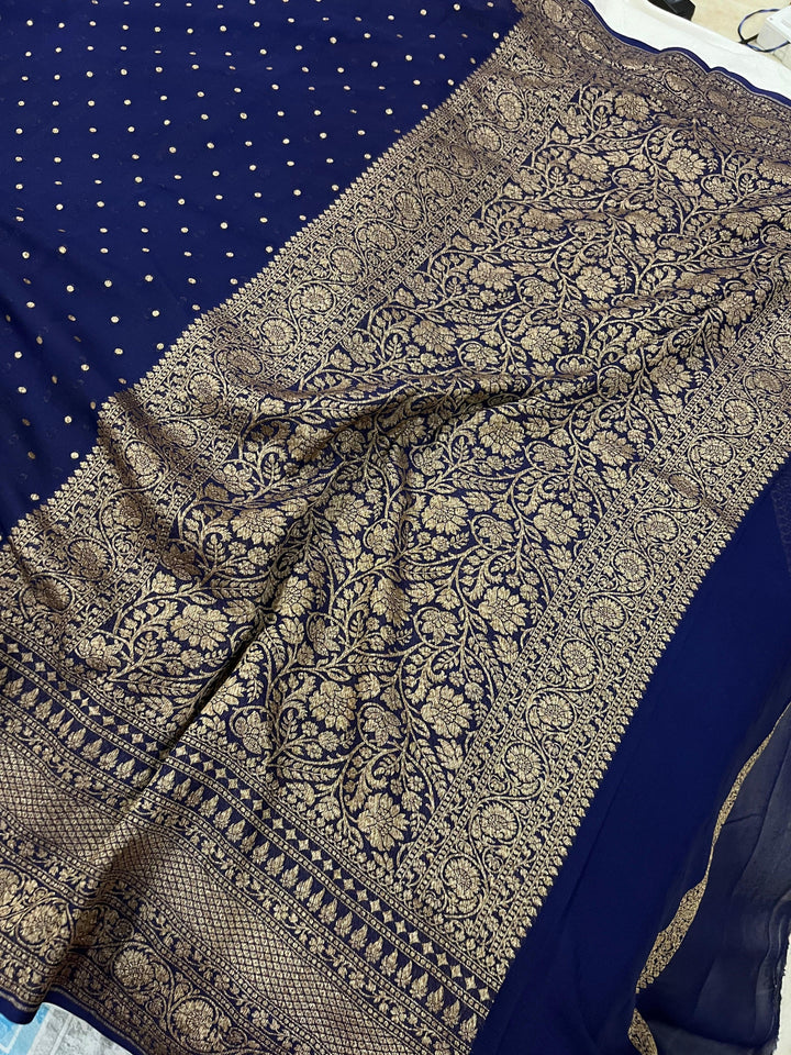 Navy Blue Banarasi Handloom Pure Khaddi Georgette Silk Saree - Aura Benaras