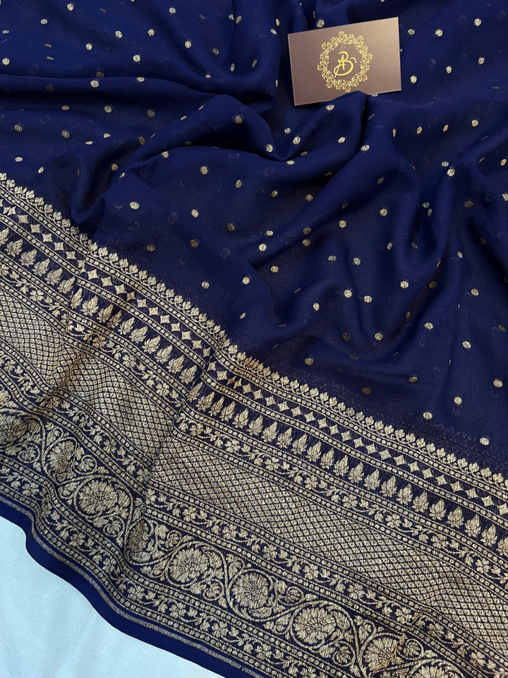 Navy Blue Banarasi Handloom Pure Khaddi Georgette Silk Saree - Aura Benaras