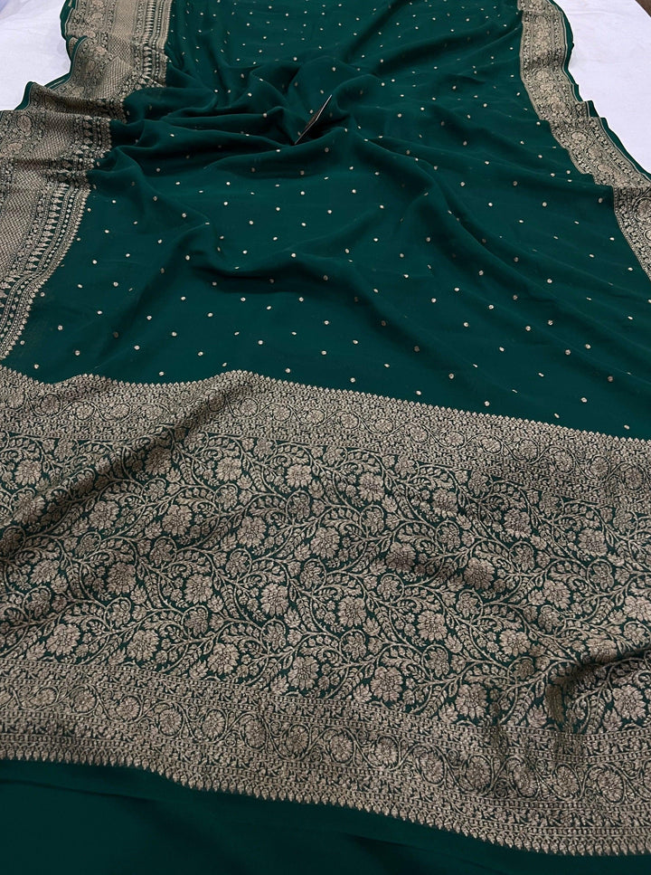 Bottle Green Banarasi Handloom Pure Khaddi Georgette Silk Saree - Aura Benaras