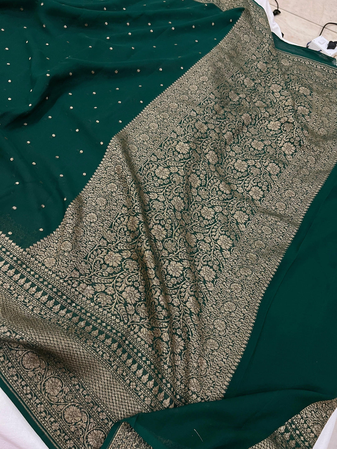 Bottle Green Banarasi Handloom Pure Khaddi Georgette Silk Saree - Aura Benaras