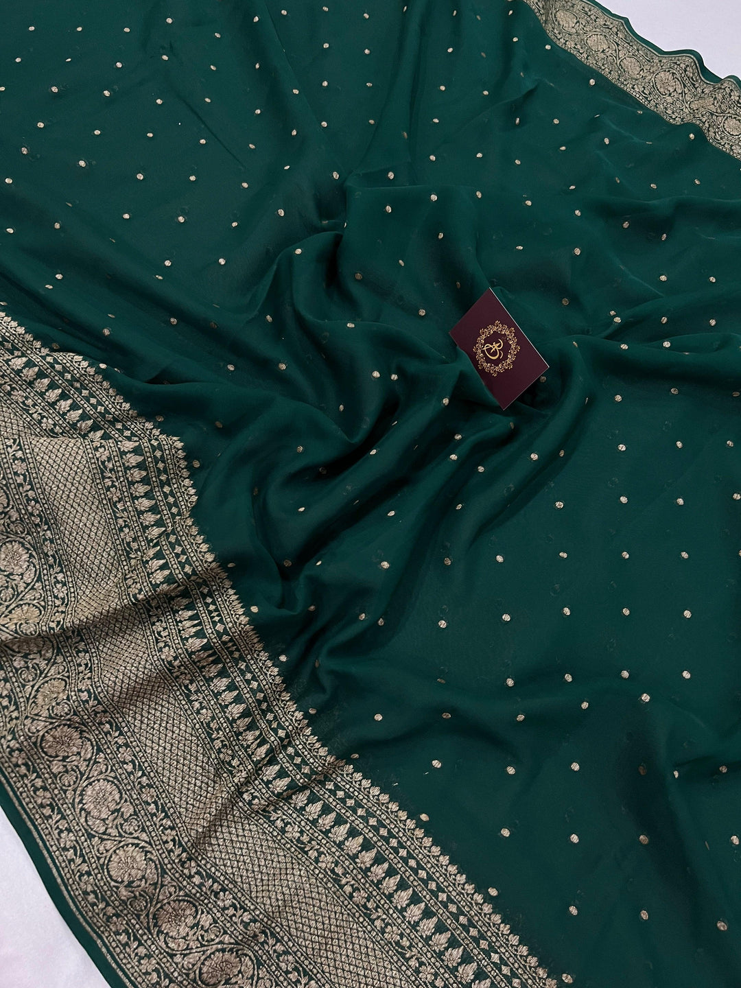 Bottle Green Banarasi Handloom Pure Khaddi Georgette Silk Saree - Aura Benaras