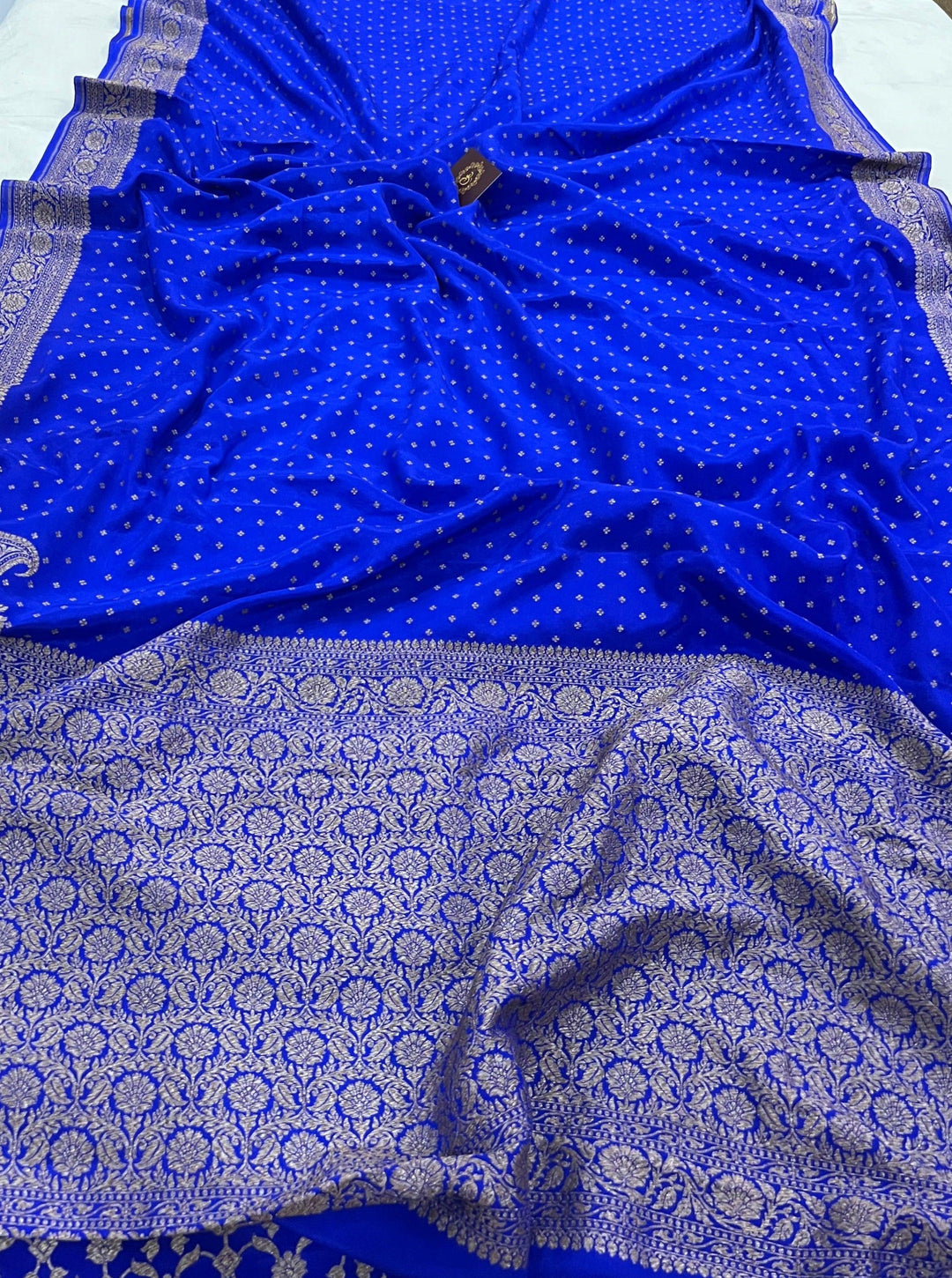 Royal Blue Pure Banarasi Khaddi Crepe Silk Saree - Aura Benaras