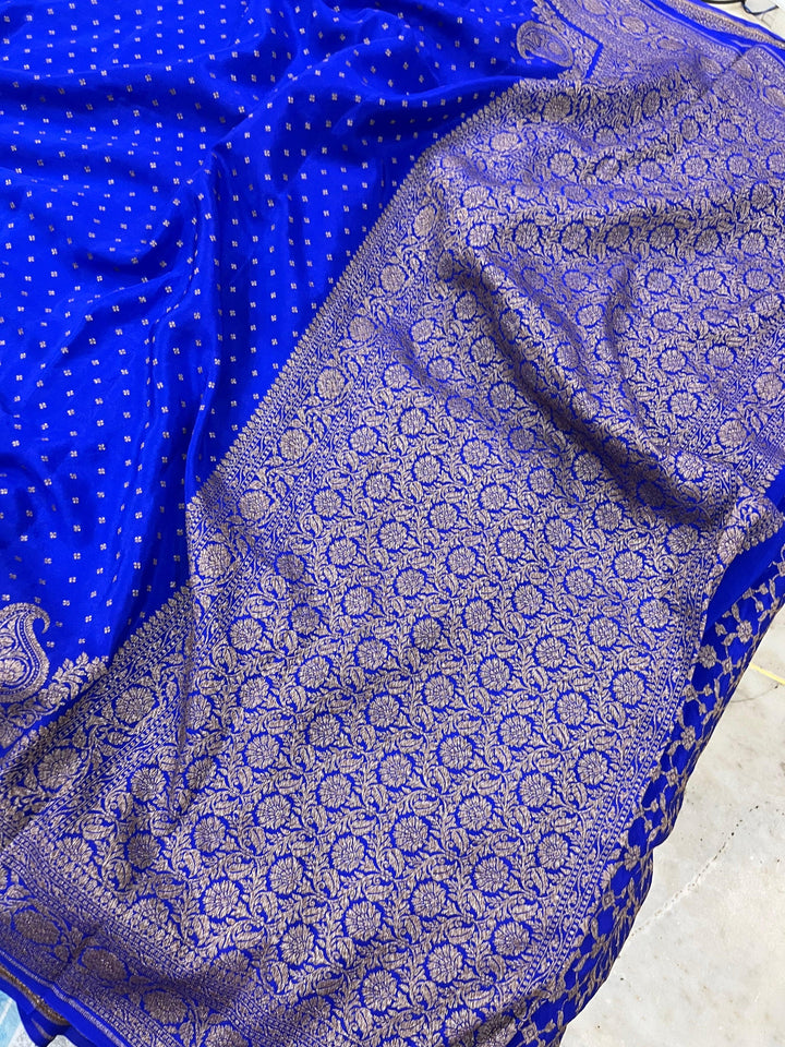 Royal Blue Pure Banarasi Khaddi Crepe Silk Saree - Aura Benaras