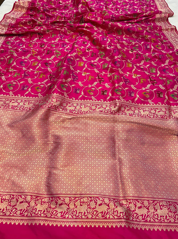 Rani Pink Kadwa Jaal Pure Banarasi Handloom Katan Silk Saree - Aura Benaras