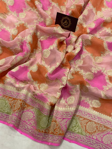 Pink Banarasi Handloom Pure Georgette Saree - Aura Benaras