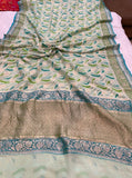 Pista Green Banarasi Handloom Pure Georgette Saree - Aura Benaras