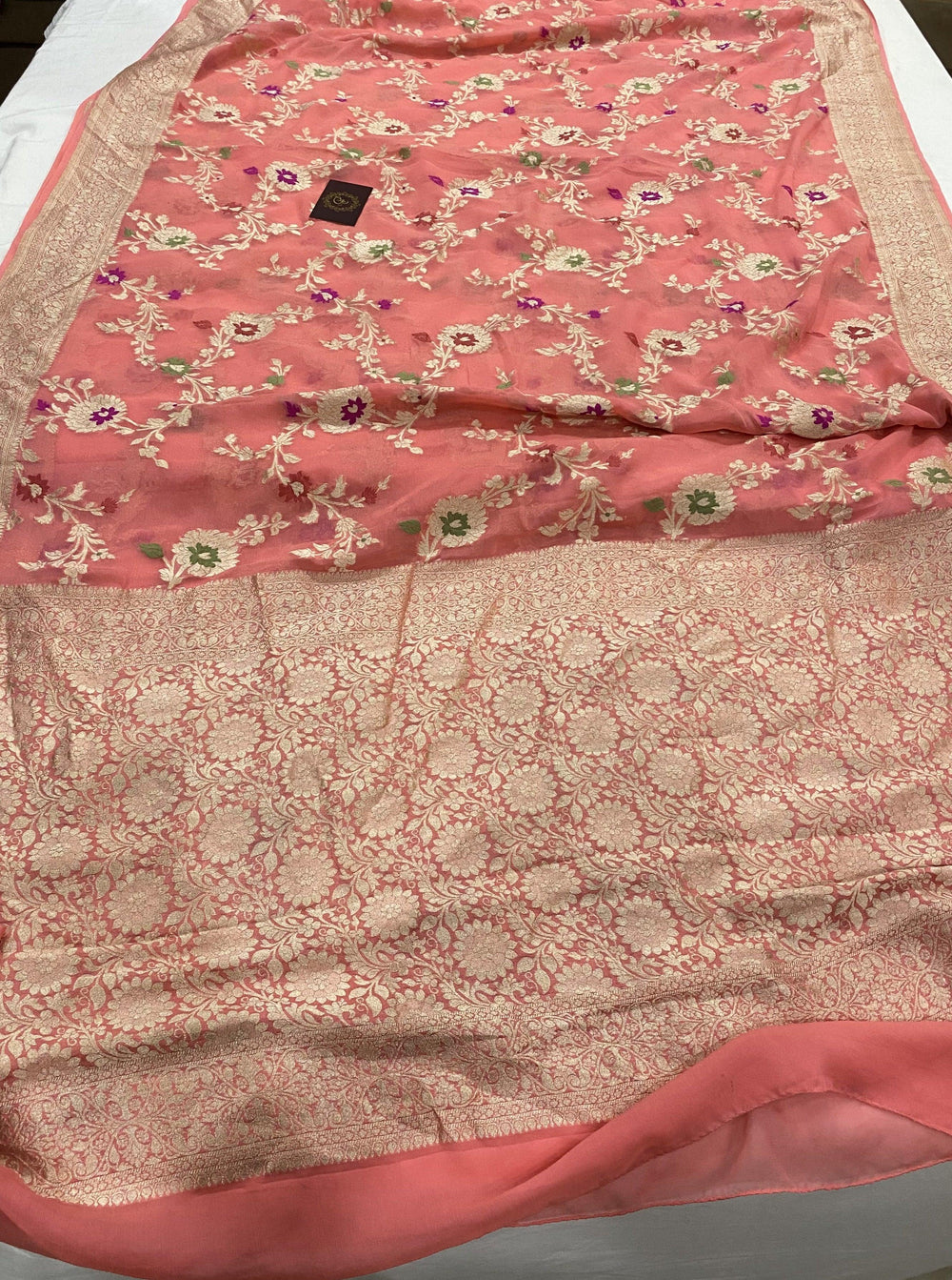 Peach Banarasi Khaddi Georgette Saree - Aura Benaras